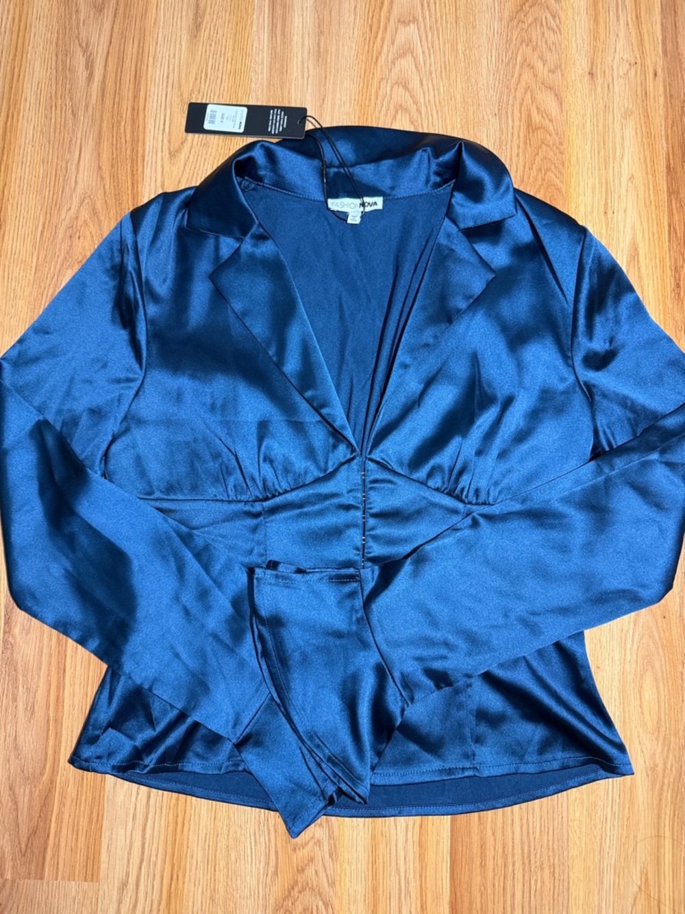 Fashion Nova Satin Blouse in Navy Blue